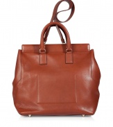 Fine cognac calf leather in stylish Macbeth case by Jil Sander - Rectangular, structured shape with carry handles and shoulder strap - Outside zip pocket - Ornamental, timeless piece is functional for every occasion and outfit