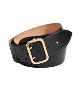 Pull together your look with a streamlined finish and wrap around Salvatore Ferragamos jet black calfskin belt - Buckle and push-stud closures, gold-toned hardware - A sophisticated polish to casual jeans and dressy sheaths alike