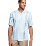 Step up your off-the-clock style with the effortless polish and casual ease of this sleek, fluid Cubavera shirt, detailed with handsome embroidery. (Clearance)