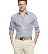 Square off with this streamlined fitted button-front shirt from Tasso Elba.