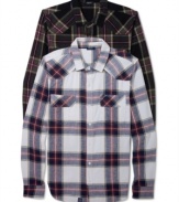 This stylish LRG button down pairs a classic plaid design with a flattering modern fit.