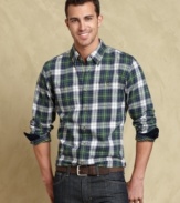 Fill out your fall look with this slim-fit plaid shirt from Tommy Hilfiger.