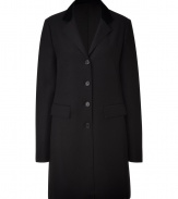 With classic haberdashery styling, this long coat from Jil Sander Navy will inject streamlined style to any look - Notched lapels, button front placket, long sleeves, flap pockets, straight silhouette - Pair with a sheath dress, heels, and a shoulder bag