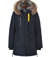 Whether youre hitting the city or the slopes this season, Parajumperss navy down parka is a sporty-luxe cold-weather essential - Water- and wind-resistant outer has an elegant, light sheen - Slim cut style hits mid-thigh - Full zip and supplementary button placket - Elbow patches and decorative contrast yellow trim - Raccoon-trimmed hood features a rabbit lining -  Two vertical flap pockets at chest, two oversize flap pockets at hips and single skinny pocket with drawstring - Fashionable and functional, a stylish must for all casual winter looks