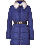 Add high style to your cold weather look with this ultra-chic down coat from Emilio Pucci - Fur-trimmed spread collar, long sleeves, front zip closure, elasticized waist belt, quilted - Wear with skinny jeans, a cashmere sweater, and shearling ankle boots