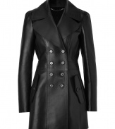 Leather goes ultra-luxe with this 1960s-inspired iteration from Burberry London - Wide lapels, long sleeves, double-breasted, front button placket, flap pockets, fitted bodice, flared bottom, back flap and button detail at hem - Wear with skinny jeans and a cashmere pullover or a fitted cocktail sheath