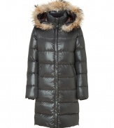 Stay warm while maintaining your impeccable style in this lightweight yet luxe down jacket from Duvetica - Fur-trimmed hood, stand collar, concealed front two-way zip closure, long sleeves, zip pockets, quilted, mid-thigh length - Wear with an elevated jeans-and-tee ensemble and shearling lined boots