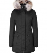 Your cold weather look just got more stylish with this luxe fitted down parka from Peuterey - Hood with raccoon fur trim, concealed zipper closure, long sleeves with zip cuffs logo detail, cargo pockets and slit pockets, slim fit, water repellent - Wear with an elevated jeans-and-tee ensemble or a workweek-chic look