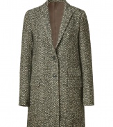 Elegant coat in beige wool blend - Designed in fashionable herringbone for a classic, sophisticated look - Narrow silhouette falls at thigh - Moderately deep lapel, two buttons closure, three flap pockets and a back vent - Exceptional choice for every day use - Wear with a cashmere pullover, pencil skirt and knee-high boots