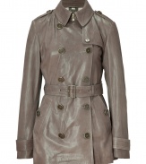 With its ultra soft dark sable lambskin and iconic classic styling, Burberry Brits timeless trench has never felt so luxurious - Latched collar, epaulettes, long sleeves with belted cuffs, double-breasted front button placket, belted waistline, fitted silhouette - Pair with urban-cool knitwear and sharply tailored trousers