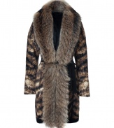 Luxurious, dramatic coat in a combination of fur and soft animal print wool-blend knit - Features a thick fur shawl collar with trim extending to the hemline - Thin belted closure for a flattering feminine effect - Wear with cocktail dress and heels, or with edgy leggings and ankle boots for a glamorous look in the winter months