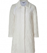 White-on-ivory 100% cotton evening coat in straight cut - Lace-like elegant texture - Concealed button front closure - Two deep patch pockets - Structured shoulders and simple collar without stand - Wear over flirty dress with opaque tights and ankle booties