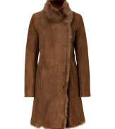 Radiate luxe appeal this season in Josephs exquisitely tinted tan lambskin coat - Fold-over fur collar, long sleeves, patchwork seaming, hidden front hook closures, side slit pockets, ultra warm fur interior - Tailored fit - Finish with jet black separates and modern-minimalist accessories