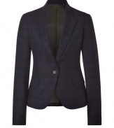 A structured blazer adds a touch of tailored chic to any wardrobe, and this plaid jacket from Paul Smith toes the line between masculine cool and feminine polish - Slim, fitted cut tapers through waist - Small collar and medium width lapels - Elegant, single button closure and two flap pockets - Vent at rear - Lush, floral print lining in rich shades of violet and blue - Seamlessly transitions from work to evening cocktails, parties and dinners - Pair with leather pants or pencil skirts, skinny dark denim or suit trousers