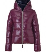 A sleek outer shell and vibrant contrast lining lend this Duvetica down jacket its sporty and stylish edge - In a lighter weight, wind- and water-resistant bordeaux polyamide with grey trim - Slim cut tapers through waist and fits close to the body for extra warmth - Full zip, hood and oversize diagonal zippered pockets at front - Perfect for cold weather casual looks - Pair with denim, leggings and cords