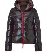 A sleek outer shell and vibrant contrast lining lend this Duvetica down jacket its sporty and stylish edge - In a lighter weight, wind- and water-resistant black polyamide with red trim - Slim cut tapers through waist and fits close to the body for extra warmth - Full zip, hood and oversize diagonal zippered pockets at front - Perfect for cold weather casual looks - Pair with denim, leggings and cords