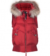 Stay warm in luxe style with this down vest from Parajumpers - Fur trimmed hood with snap closure, front zip closure, logo at shoulder, zip pockets, puffed ribbed trim, quilted, water resistant lining - Cropped, form-fitting silhouette - Style with skinny jeans, a cashmere sweater, and shearling boots