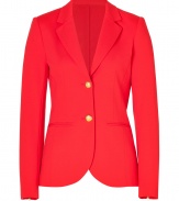 Perfect for dressing up workweek looks, Theorys bright red blazer is a sleek way to wear color - Notched lapel, long sleeves, zippered cuffs, buttoned front, front slit pockets, gold-toned buttons - Tailored fit - Wear over sheath dresses, or with slim fit separates and heels