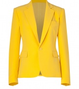 With its radiant yellow hue and immaculate tailored cut, Ralph Laurens pristine silk blazer is an ultra-sophisticated way to brighten polished daytime looks - Peaked lapel, long sleeves, buttoned cuffs, single button closure, flap pockets - Tailored fit - Wear over a form-fitting sheath dress with heels and a dusting of fine jewelry