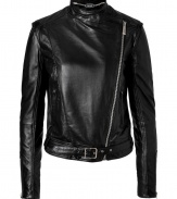 The always favorite moto jacket gets an ultra luxurious remake in Just Cavallis flawless jet black leather silhouette - Cross-over collar, long sleeves, zippered cuffs, diagonal front zip, zippered pockets, belted hemline - Form-fitting - Pair with an elevated jeans-and-tee ensemble, or try over a cocktail frock with sleek heels