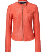 Luxe in leather with a delicious melon hue, Theorys textured jacket counts as a must for contemporary spring looks - Stand-up collar with snapped latch, front zip, long sleeves, zippered cuffs, zippered slash pockets, snapped chest pocket, longer front - Close, cropped fit - Wear over everything from tees and jeans to sheath dresses and heels