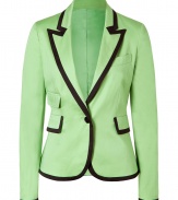 Eye-catching in green with bold black trim, Moschino C&Cs two-tone blazer is a fun way to add a fashion-forward edge to work looks - Peaked lapel, long sleeves, buttoned cuffs, flap pockets, single front button closure - Sharply tailored fit - Wear with a crisp button-down and matching trousers, or over a tailored sheath dress with sleek high-heels