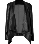 Detailed in ultra luxurious lambskin with a cool front drape and contemporaneity tailored seaming, Donna Karans combo jacket is both modern and exquisite - Draped open front, long sleeves, tailored patchworked seaming - Fitted - Wear over everything from tissue tees and skinnies to cocktail sheaths and platform pumps