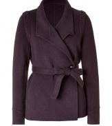 Luxurious jacket made ​.​.from a fine wool-angora blend - Beautiful, autumn purple - Cut slim and comfortably long - Fashionable wrap look with accentuating belted waist - Moderately deep lapels and button closure - Elegant, casual, tremendously flattering - Awesome jacket for fall, pairs with jeans, maxi skirts, a pants suit or leather pants