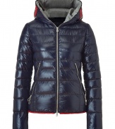 A sleek outer shell and elegant red and cream stripe trim lend this Duvetica down jacket its sporty and stylish edge - In a lighter weight, wind- and water-resistant dark blue polyamide - Slim cut fits close to the body for extra warmth and tapers through waist - Full zip, contrast grey hood and oversize diagonal zippered pockets at front - Perfect for cold weather casual looks including jeans, cords, chinos and ski pants