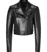 The classic biker jacket gets an ultra-chic redux with this cropped iteration from Versace - Spread collar, asymmetric front zip closure, long sleeves with quilt-detailed shoulders and zip cuffs, zip cheest and side pockets, slim fit, cropped silhouette - Wear with a printed mini dress, skinny jeans and a tee, or a cocktail frock