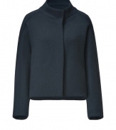 Give your look a chic, modern finish with Veronique Leroys navy wool jacket, styled with clean lines and a cool cut for an understated elegant utilitarian feel - Stand-up collar, long sleeves, hidden front closures, short straight silhouette, boxy fit - Pair with mini skirts, opaque tights, and sleek ankle boots