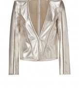 Add a shock of metallic to your outfit with Roberto Cavallis ultra modern silver perfed luxe lambskin jacket - Collarless, long sleeves, solid leather structured shoulders, front push-stud closure, allover perforated leather with nude colored cut-out trim - Form-fitting - Wear over a simple jeans and tee ensemble, or wear as a flashy finish to fancy cocktail frocks