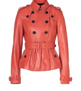 Iconic trench styling gets a chic urban remake in Burberry Londons ultra soft lambskin jacket, tailored to perfection with an impeccable short cut - Classic collar with hook closure, long sleeves with belted cuffs, epaulettes, gun flaps, double-breasted button-down front, belted waist, rain shield, ruffled hemline - Form-fitting - Pair with edgy separates and contemporary leather boots