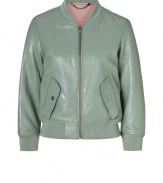 With its retro styling and ultra-modern shade of oregano green, Marc by Marc Jacobs lambskin jacket is a cool choice for adding that chic vintage flair to your outfit - Collarless, bracelet-length sleeves, tonal ribbed knit cuffs and hemline, allover dot embossing, snapped front pockets, front zip - Loosely fitted - Wear over tissue tees with edgy slim-fit separates