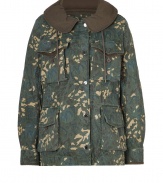 Take on the city streets in style in Marc by Marc Jacobs edgy camouflage parka - Olive round collar with drawstring, zip-away hood, long sleeves, buttoned cuffs, flap pockets, snapped front with zipper underneath, snapped tabs at sides, removable faux shearling lining - Loosely fitted - Wear over favorite skinnies with edgy leather accessories