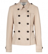 With heritage detailing reflecting the original Burberry trench, this cotton poplin jacket from Burberry Brit counts as an iconic, 4-season investment - Classic collar with hook closure, set-in long sleeves with belted cuffs, epaulettes, gun flap, double-breasted button-down front - Fitted silhouette - Pair with slim trousers or jeans and a cashmere pullover