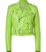 Make a stunning new season debut in Ralph Lauren Collections electric lime lambskin biker jacket, an ultra contemporary take on one of this seasons must-have styles - Notched collar with snaps, long sleeves, zippered cuffs, snapped epaulettes, off-center front zip, zippered slit pockets, snapped flap pocket, belted waistline - Cropped, tailored fit - Wear over everything from jeans and tees to tailored sheath dresses and heels