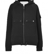 Work an urban edge into your casual cool looks with Marc by Marc Jacobs quilted hooded jacket - Drawstring hood, long sleeves, buttoned front flap pockets, buttoned flap pocket on sleeve, front zip closure, drawstring hemline - Loosely fitted - Wear with coated skinnies, a tissue tee and boots