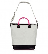 Sporty, structured handbag in fine python-print leather - Trendy pink accent and black trim - Square shape is spacious and roomy enough for small purchases and day-to-day essentials - Two short carrying handles, adjustable and removable shoulder strap - Interior zippered pocket - Great daytime accessory with skinny jeans, silk blouse and stiletto ankle boots