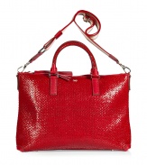 Tote around your daily essentials in style with this luxe red leather tote from cult favorite Anya Hindmarch - Rectangular shape, supple woven leather, top carrying handles, convertible shoulder strap, top zip closure with tassel detail - Perfect for daily use or for casual cocktails with the girls