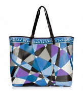 Get up and go glamorously with Puccis elegant, eye-catching shoulder bag - Open top shopper style, in a vibrant violet, blue and black graphic print - Crafted in a durable plastic with two black calfskin top handles - Fully lined in a rich fuchsia, with a detachable interior zip pocket for valuables - Easy and undeniably chic, great for everyday