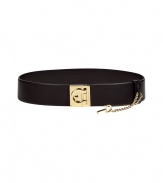 Cinch your look in luxe style with this trend-right leather belt with a lock-detailed buckle - Smooth leather with lock gold-tone buckle with key on a chain detail - Wear with a tie-neck blouse, a pencil skirt, and a long cardigan