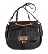 Edgy chain details add stylish juxtaposition to this vintage-inspired leather bag from Marc by Marc Jacobs will add trend-right edge to any look - Front flap with logo plaque and chain, top carrying handle and convertible shoulder strap, gathered side details, pebbled leather - Perfect for daily use or off-duty cool