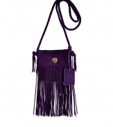 A cascading fringe trim injects trend-right appeal to this bohemian-inspired suede crossbody bag from Ralph Lauren Collection - Small square shape, front flap with decorative gold-tone button, long braided shoulder strap, long fringe trim, embossed logo tag - Pair with a billowy tunic, slim flared jeans, and a floppy hat