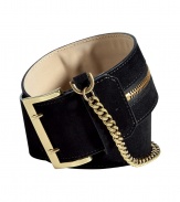 Cinch your look in ultra-luxe style with this chain-laden statement belt from McQ Alexander McQueen - Wide sumptuous suede belt with gold-tone buckle, chain, and zip detail - Style with a diaphanous frock or over an oversized cardigan