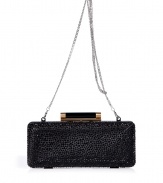 Hard-edge elegance gets an impossibly glamorous twist in Diane von Furstenbergs crystal embellished clutch, finished to perfection with a flawless patent leather back - Metal frame, hinged top closure, removable chain-link shoulder-strap, inside back wall slot pocket - Pair with cocktail dresses and statement pumps