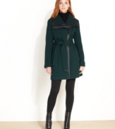 Calvin Klein redefines minimalist chic with this elegant belted coat. The faux-leather trim adds appealing edge.