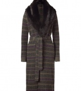 Luxurious knitted coat made from the finest cashmere and wool - Tremendously flattering and classy - Elegant in green and purple - Feminine slim and modern long cut - Glamorous fox fur collar - In an elegant fine-knit look, with pockets and a tie belt - An awesome alternative to a blazer or cape, suitable for day and evening - A hit with a pencil skirt, skinny pants and a midi skirt