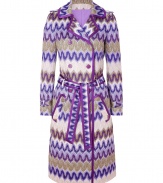 Lovely lilac and pale rose belted coat from Missoni - This trench style coat features a luxe psychedelic print thats sure to get noticed - Double breasted silhouette, button front placket, all-over print, contrasting trim, tie waist belt, front slit pockets - Wear with a sheath dress, nude fishnets, and platforms