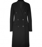 Stay stylish through the transitional months in this ultra-sleek wool coat from Michael Kors - Wide notched lapels, long sleeves, double-breasted silhouette, flap pockets, long length, back vent - Style with a long sleeve mini-dress, patterned tights, and platform pumps